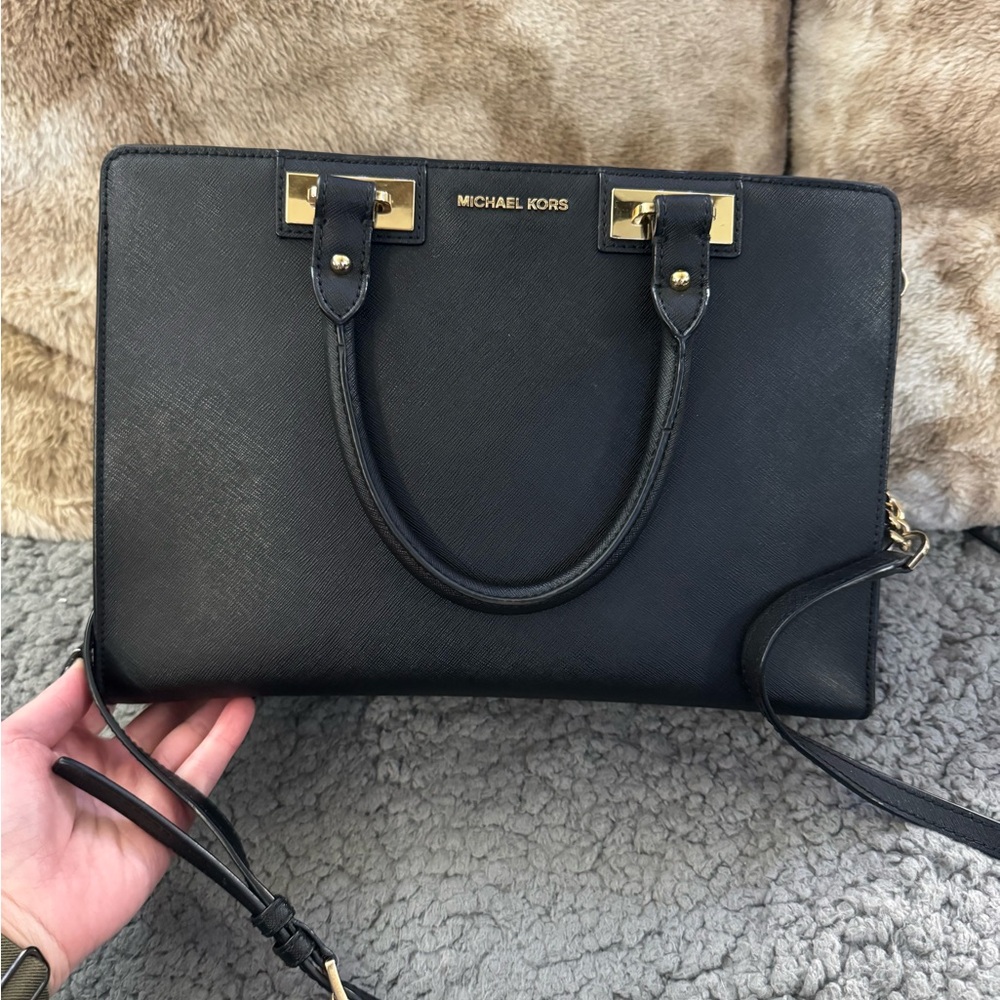 Michael Kors Black Saffiano Satchel with Gold Accents